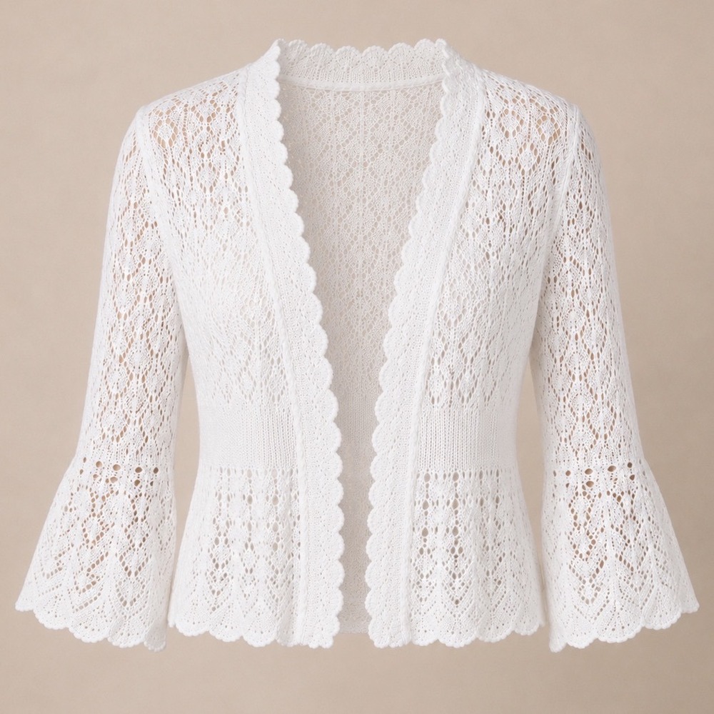 NWT Sweet Kizz White Open Knit Lace Cardigan Scallop Trim Shrug Small